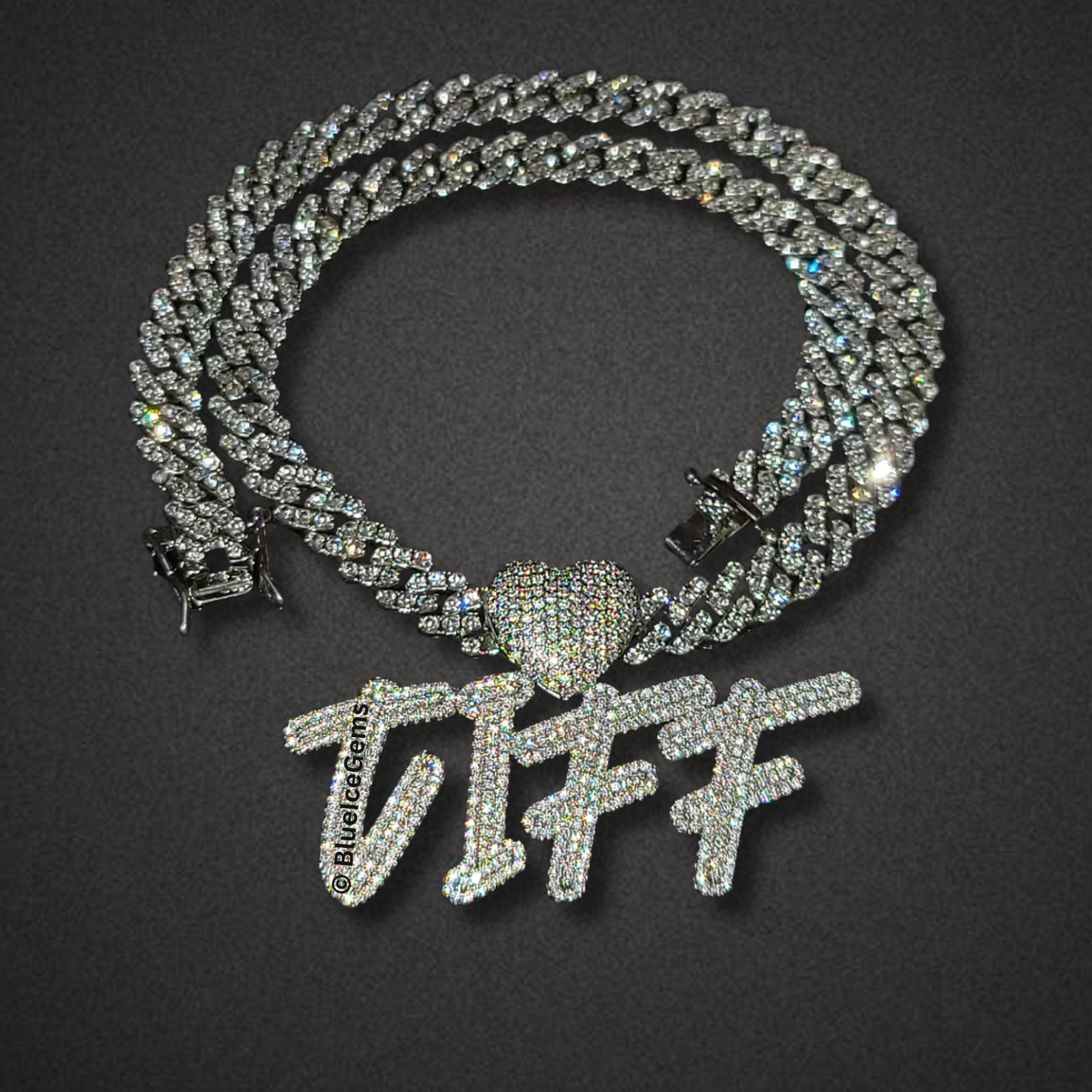 Custom Iced-Out "TMARIE" Bubble Font Nameplate with Heart Necklace