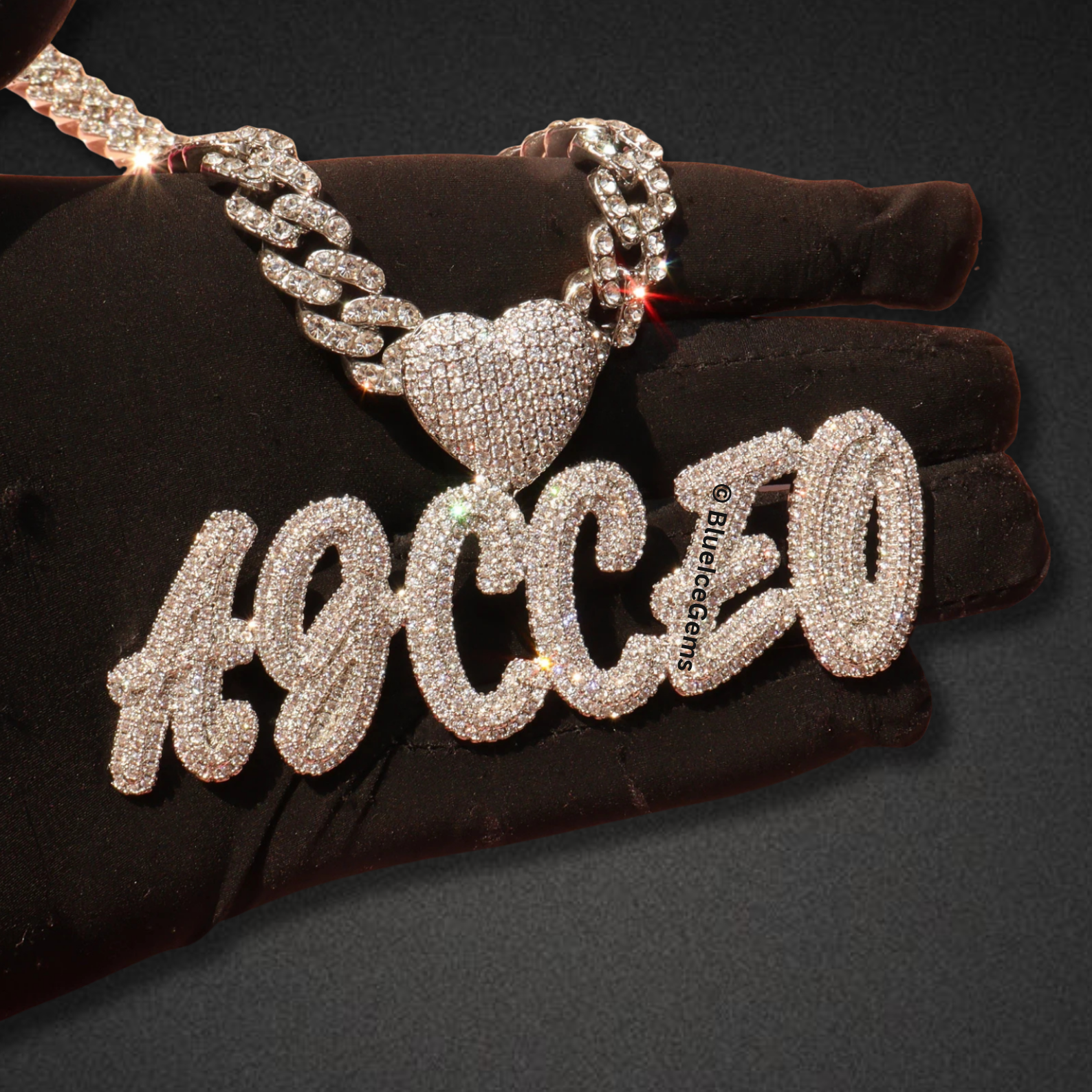 Custom Iced-Out "TMARIE" Bubble Font Nameplate with Heart Necklace
