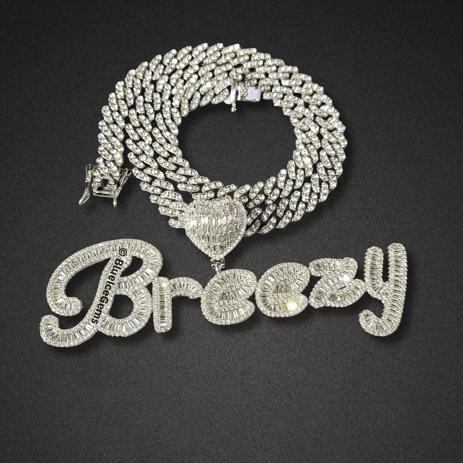 Custom "Breezy" Script Nameplate with Heart Necklace