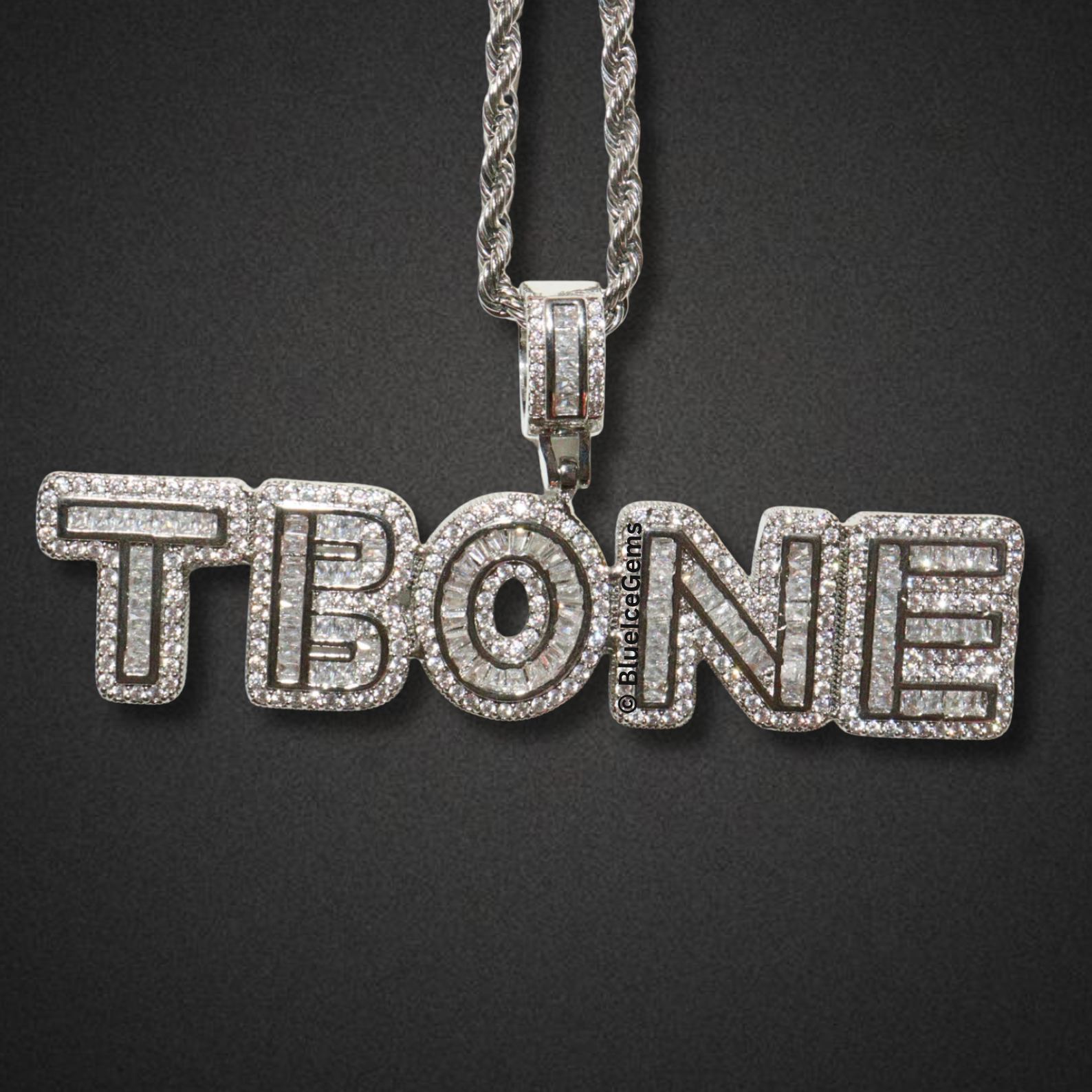 Custom "TBONE" Iced-Out Block Font Nameplate Necklace