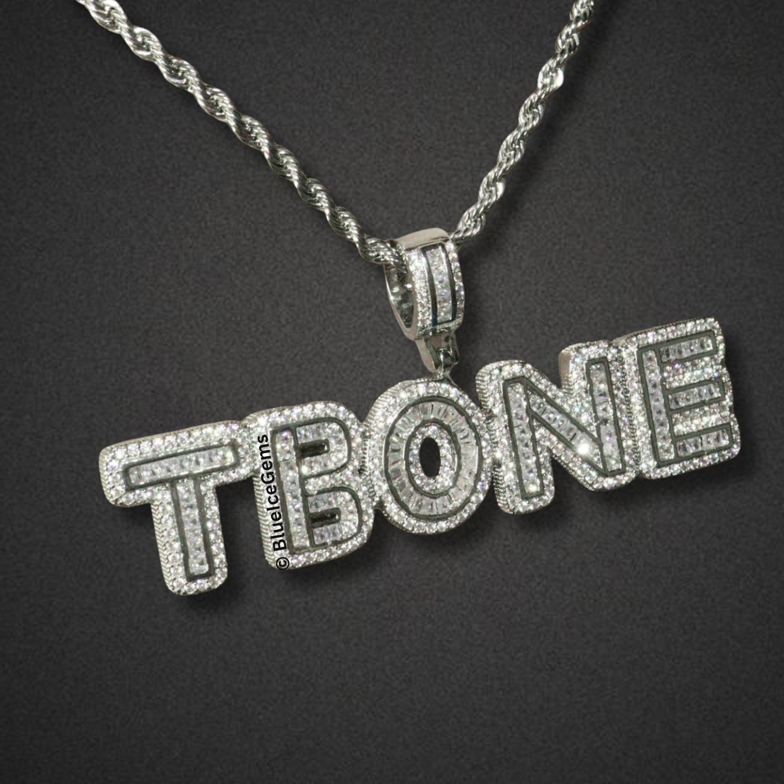 Custom "TBONE" Iced-Out Block Font Nameplate Necklace