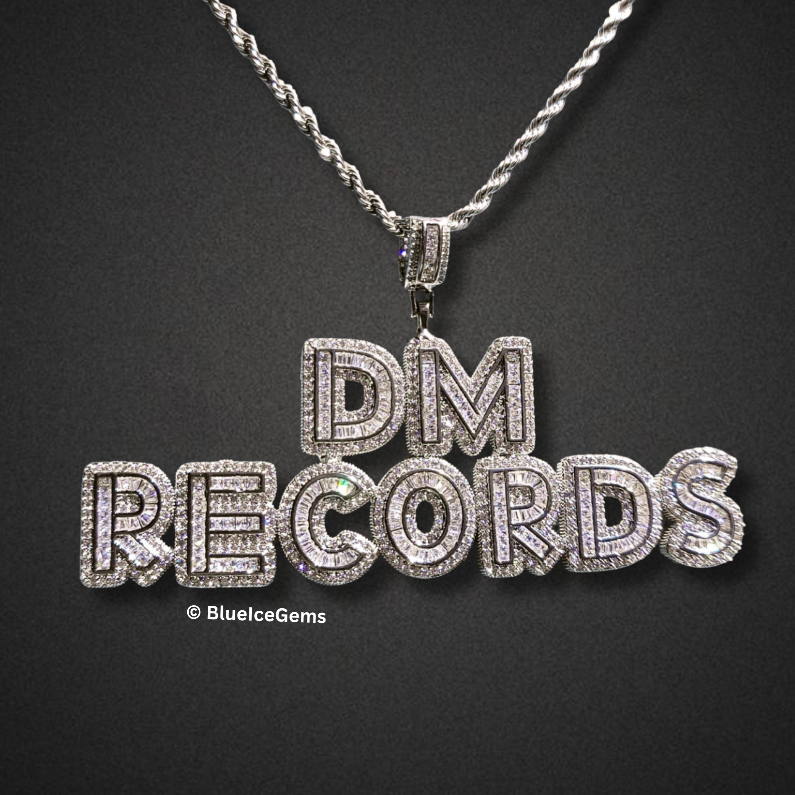 Block Letter "DM RECORDS" Diamond Necklace