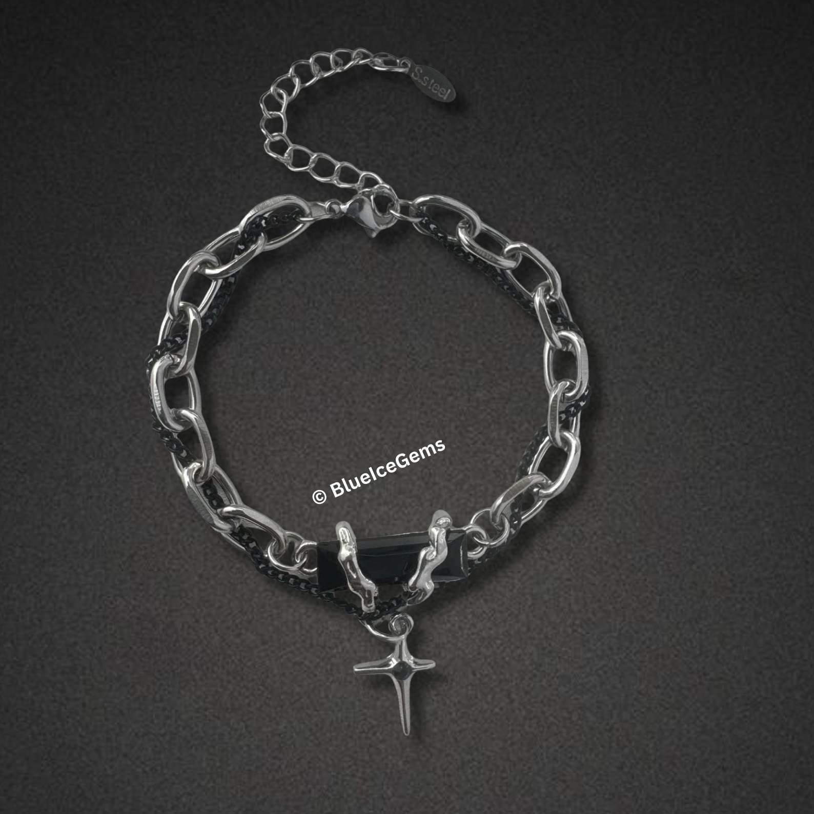 Black Steel & Diamond Cross Bracelet