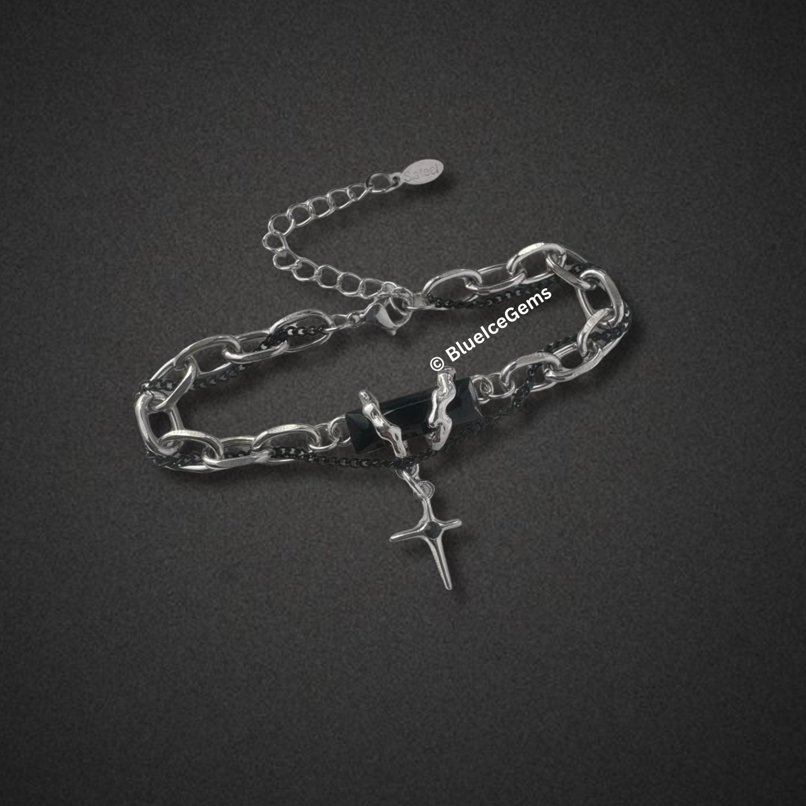 Black Steel & Diamond Cross Bracelet