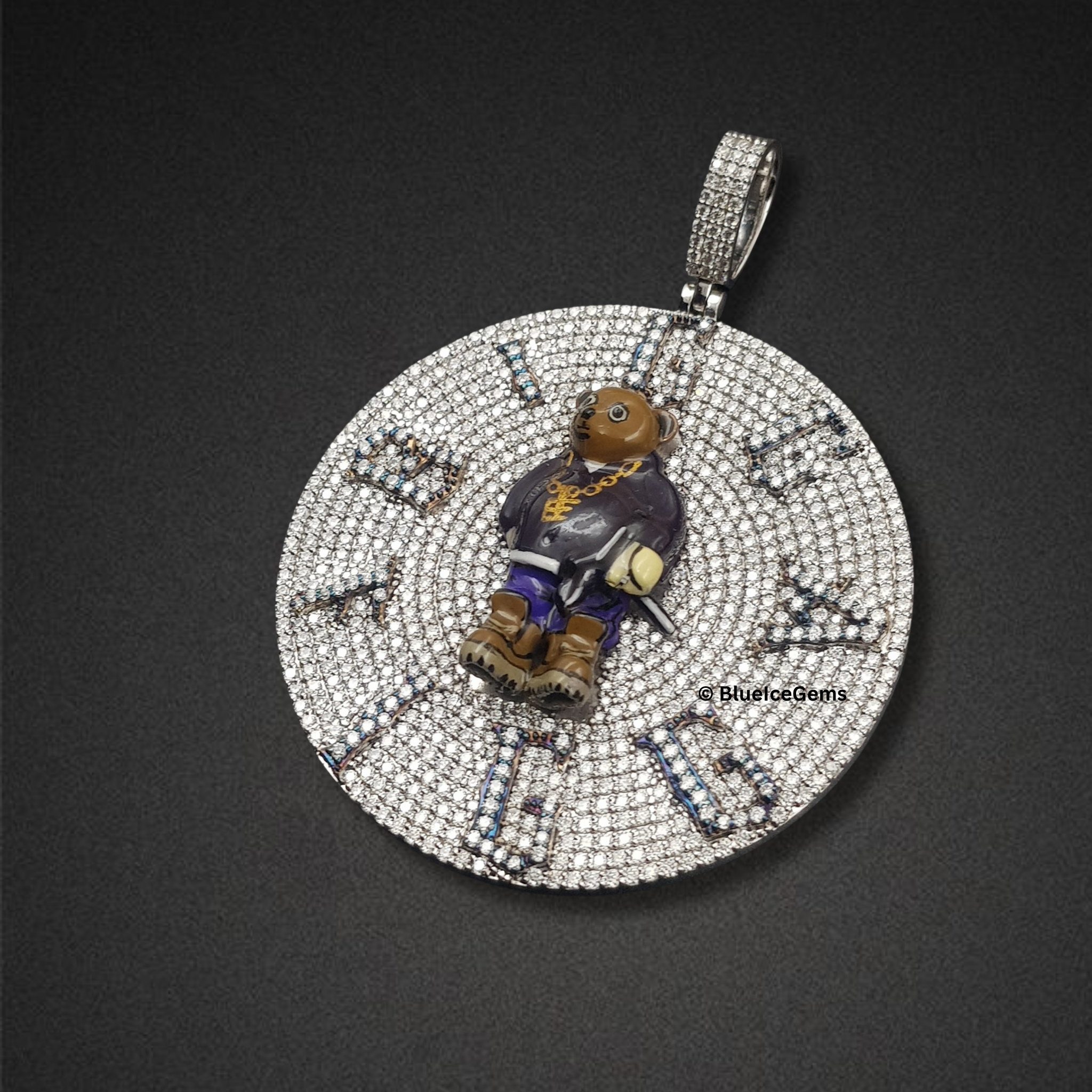 The "Time Is Money" Diamond Teddy Bear Medallion Pendant