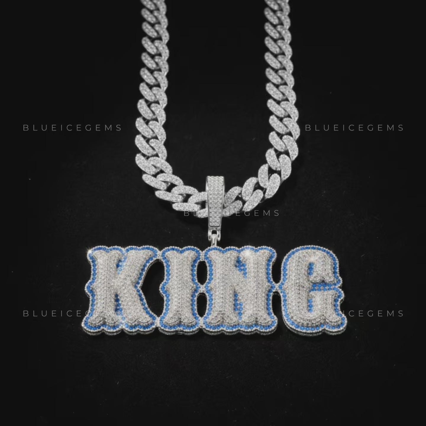 The "KING" Azure Sovereign: Electric Blue Halo & 3D Bubble Script Pendant