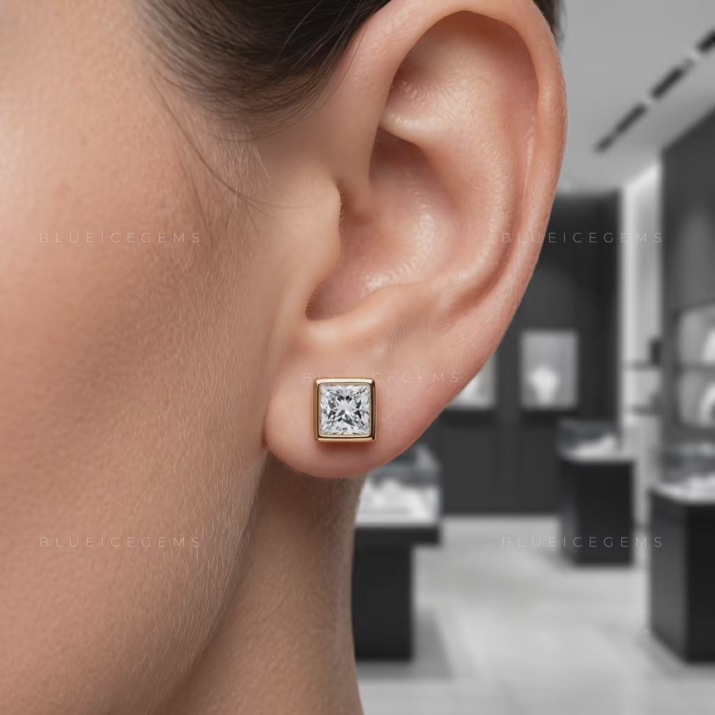 Regent Princess-Cut Lab-Grown Diamond Bezel Stud Earrings