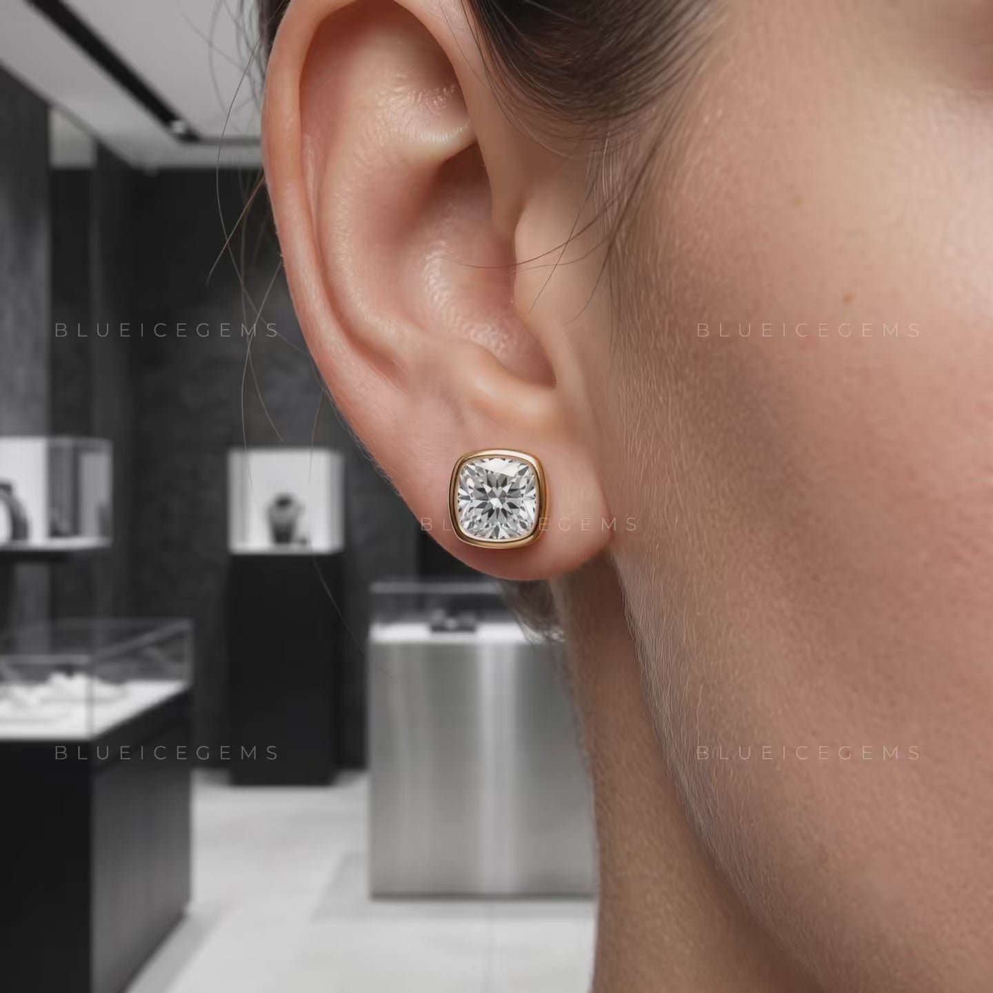 Monogram Cushion Bezel Lab-Grown Diamond Stud Earrings