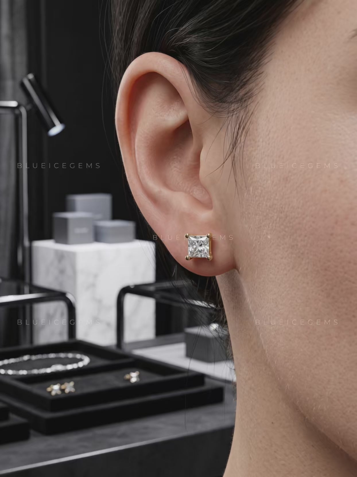 The Gilded Prism: Princess-Cut Diamond Stud Earrings