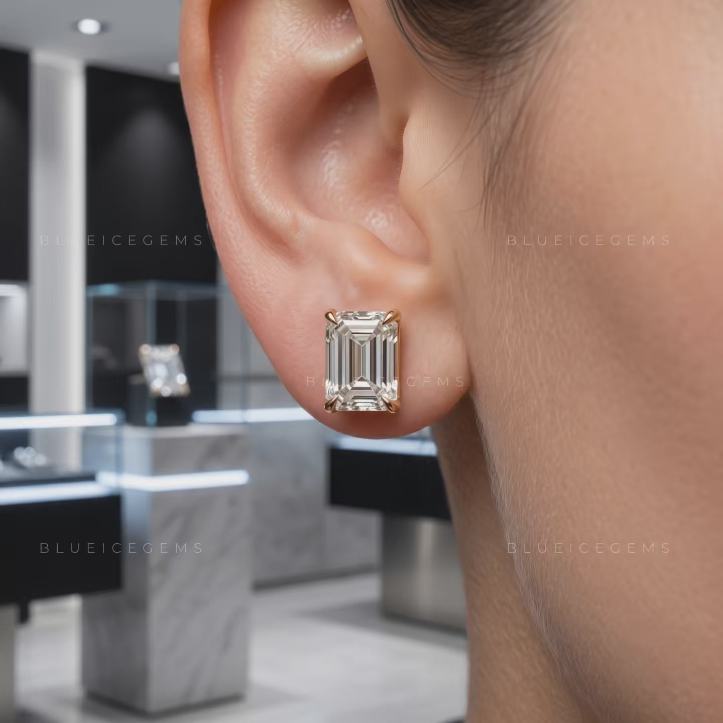 Verdant Elegance Emerald Cut Lab-Grown Diamond Stud Earrings