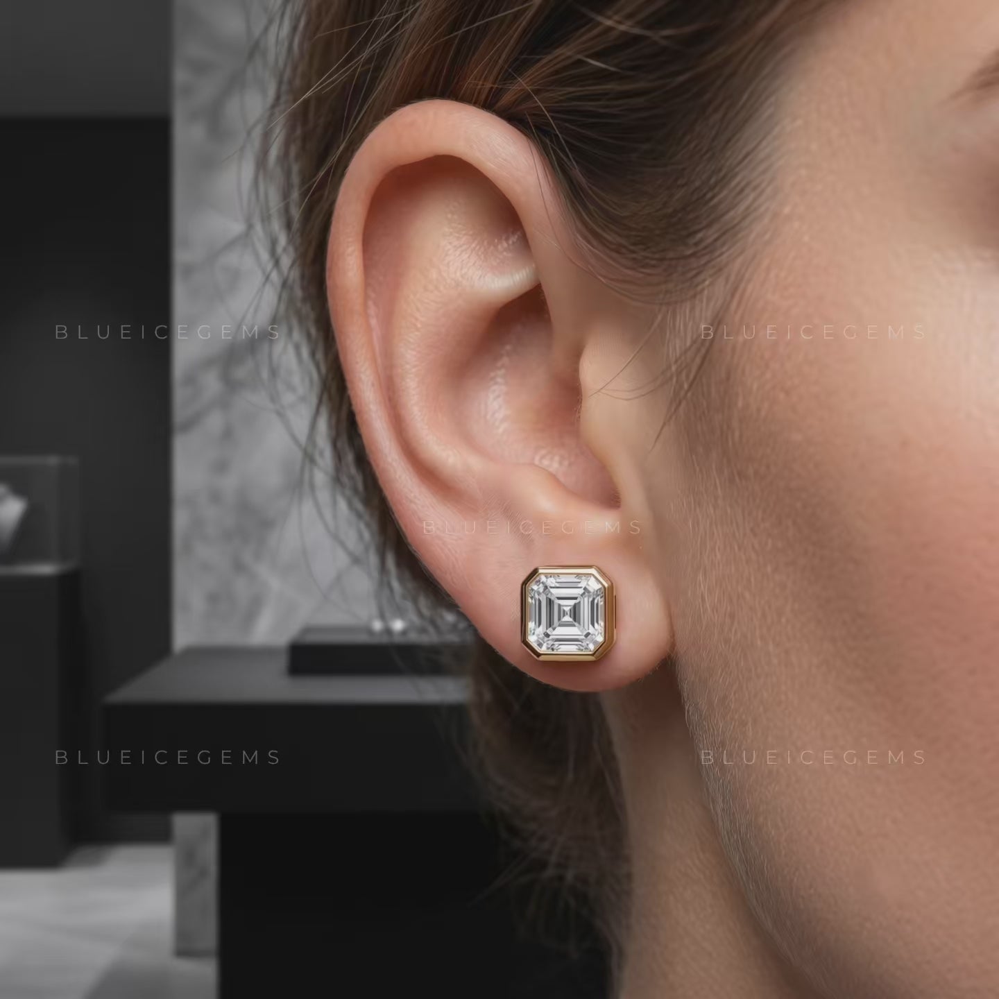 Obsidian Frame Asscher Lab-Grown Diamond Bezel Stud Earrings