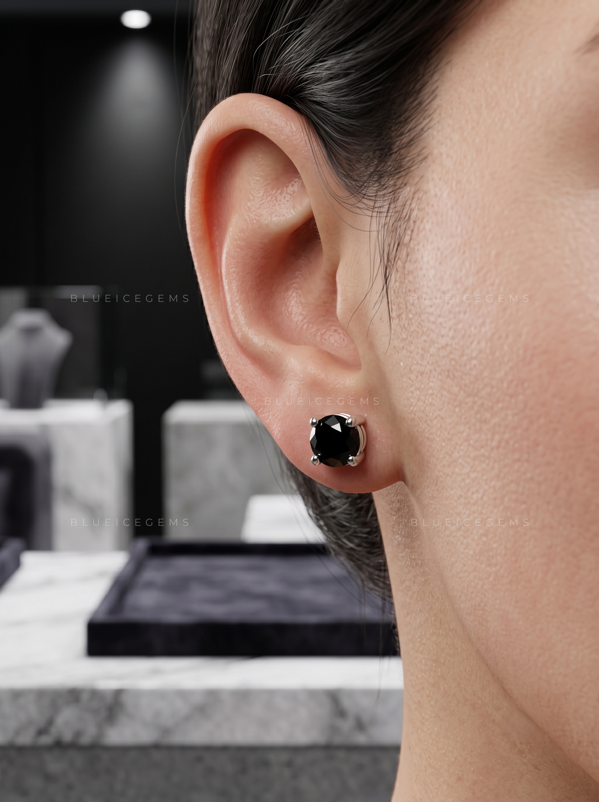 The Noir Radiance: Round Black Diamond Stud Earrings