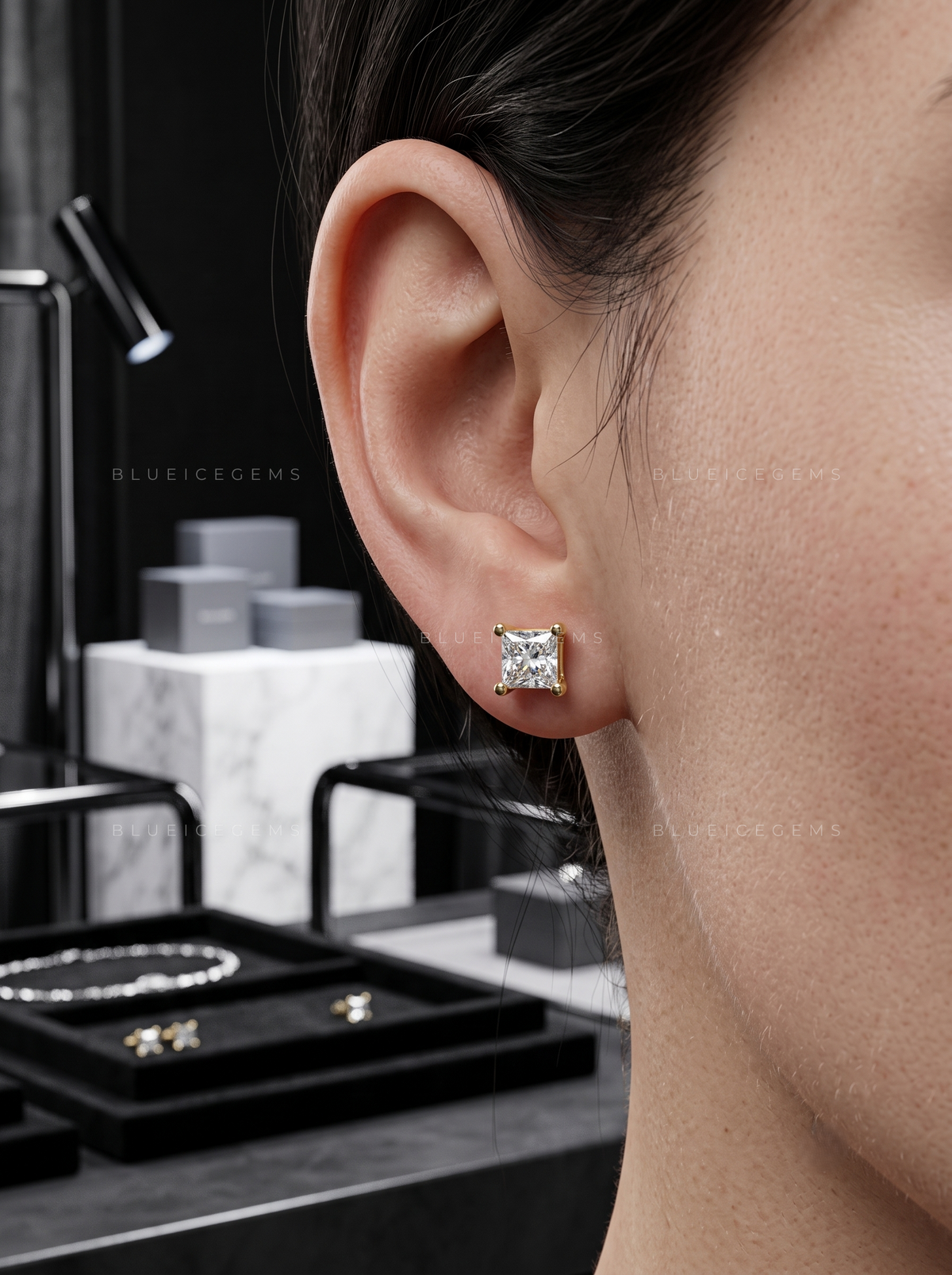 The Gilded Prism: Princess-Cut Diamond Stud Earrings