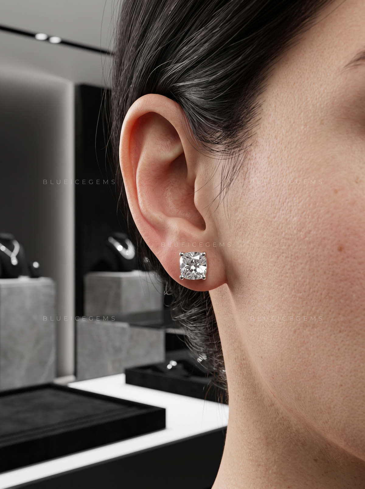 The Velvet Radiance: Cushion-Cut Diamond Stud Earrings