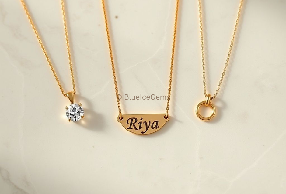 BlueIceGems Geometric Minimalist Gold and Diamond Necklace - Modern Style